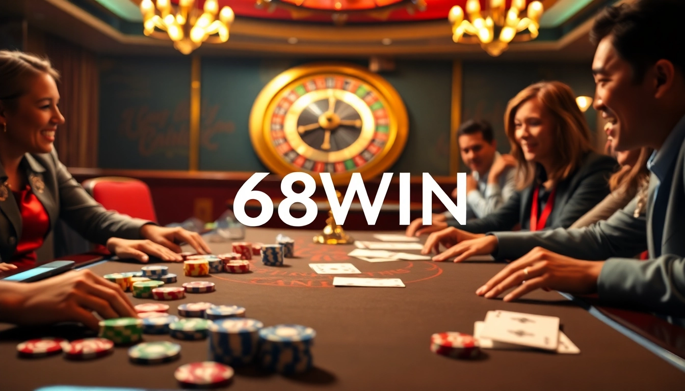 Experience high-stakes thrills at 68WIN with an action-packed casino scene featuring vibrant poker chips and a roulette wheel.
