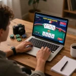 Engaging gaming session at https://tr88.golf/, online poker interface on laptop with cozy home setting.