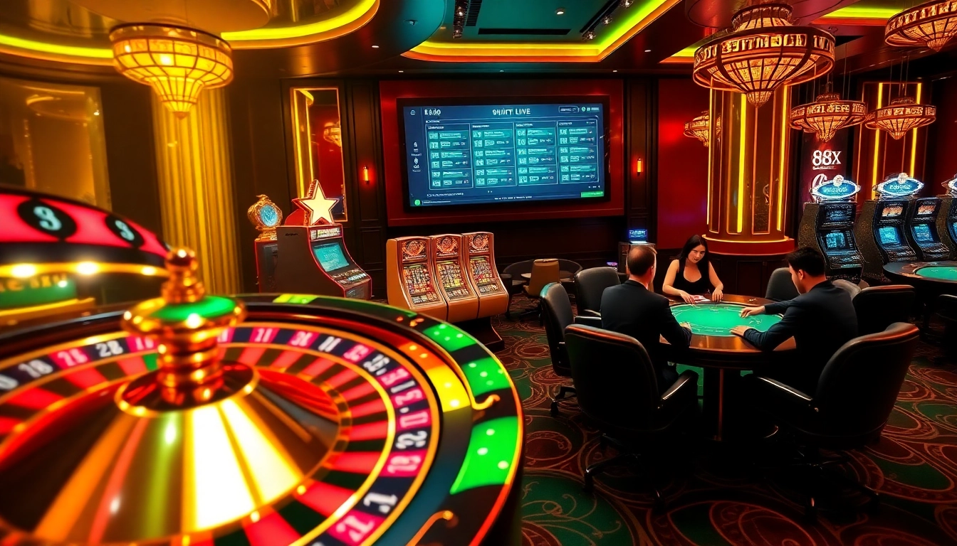 Gamblers enjoying a lively scene at 88xx online casino with roulette, slots, and poker tables.