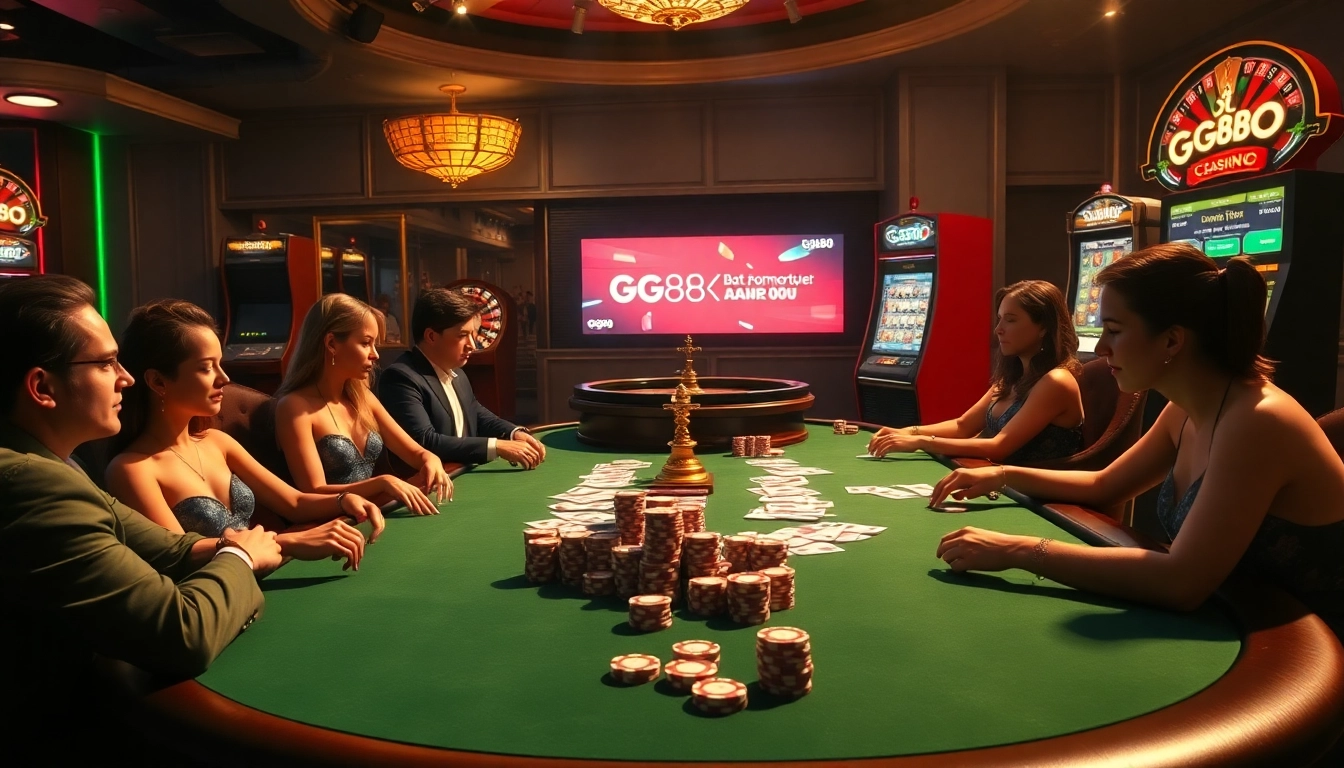 Experience excitement at gg88's high-stakes poker table with vibrant casino visuals.