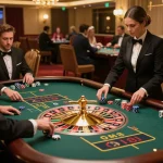 Experience the excitement of B52 roulette gameplay with players betting chips at a luxurious casino.