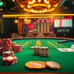 Xóc đĩa online gaming setup with virtual table, poker chips, and dice for an engaging experience.