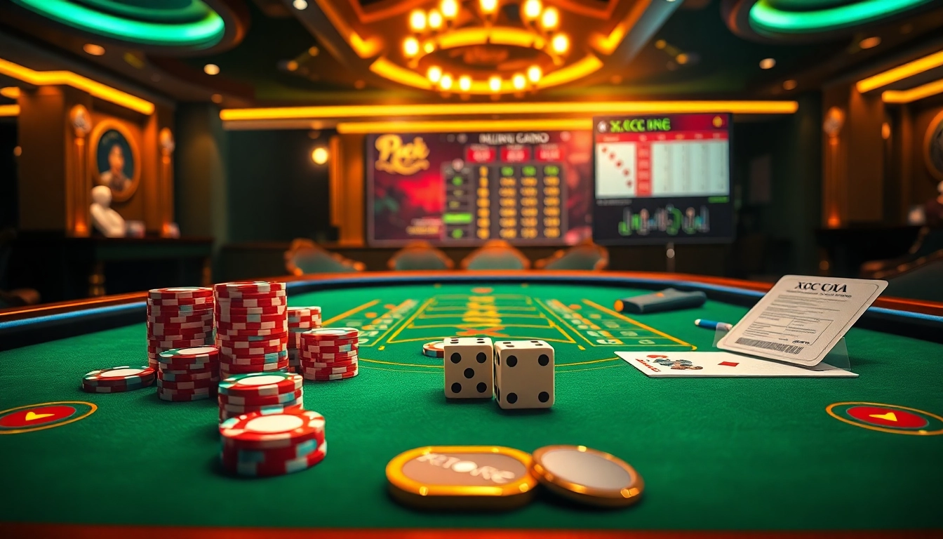 Xóc đĩa online gaming setup with virtual table, poker chips, and dice for an engaging experience.