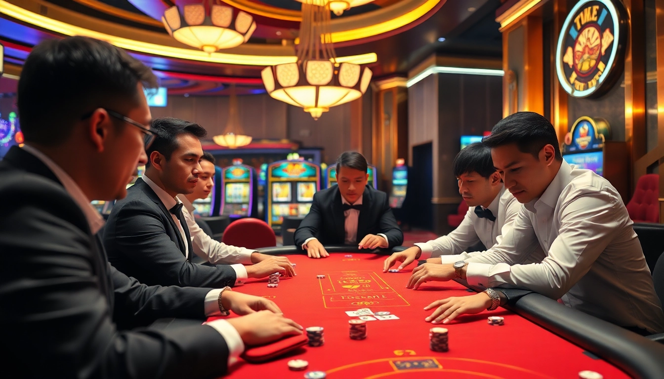Trò chơi poker hấp dẫn tại Nhà cái JD88, thể hiện sự hứng khởi với cược cao trong một casino sôi động.