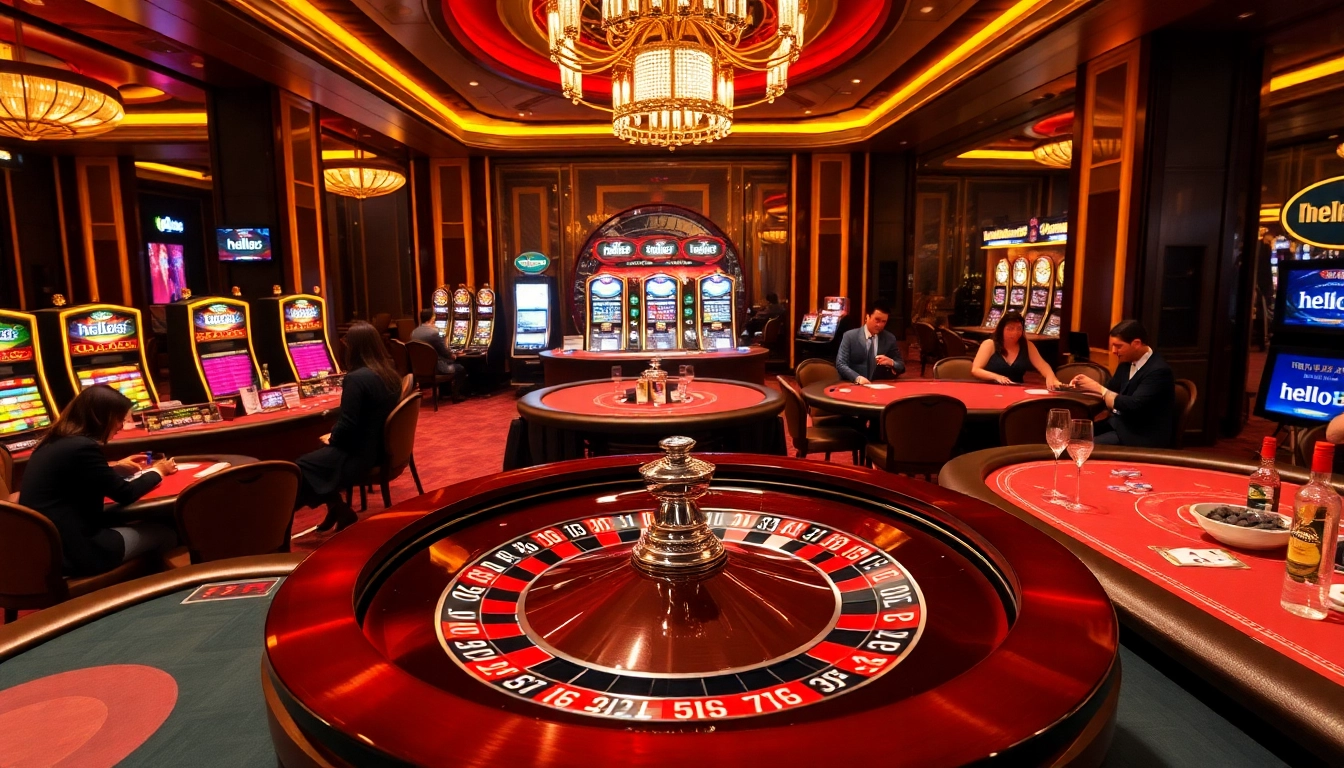 Exciting casino scene with hello88 branding, featuring players at poker tables and a roulette wheel.