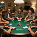 Friends engaged in poker game at home, showcasing social atmosphere and strategic play at https://tx88at.com/.