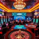Experience the excitement of U888 online gaming with vibrant casino visuals and players at tables.