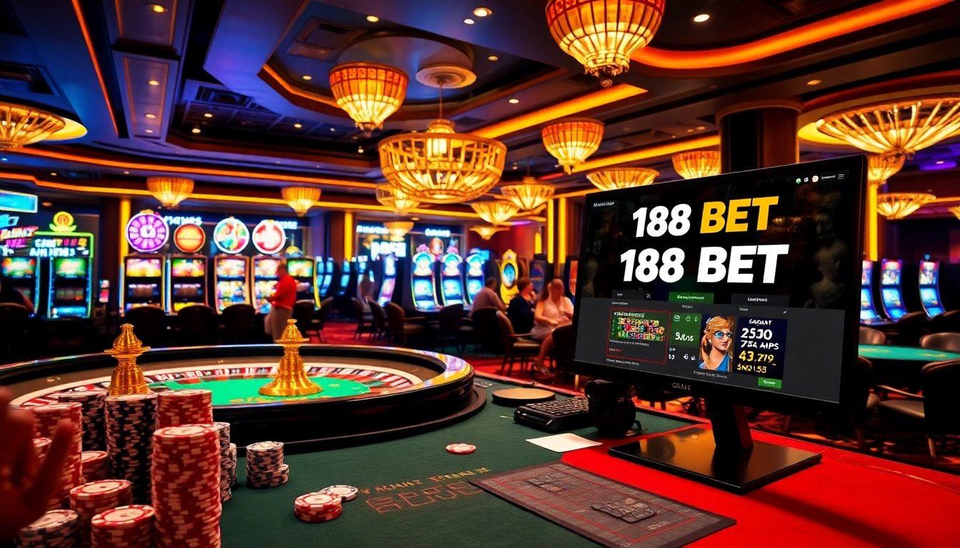 Exciting scene of players engaging with 188BET gaming elements like roulette and poker.