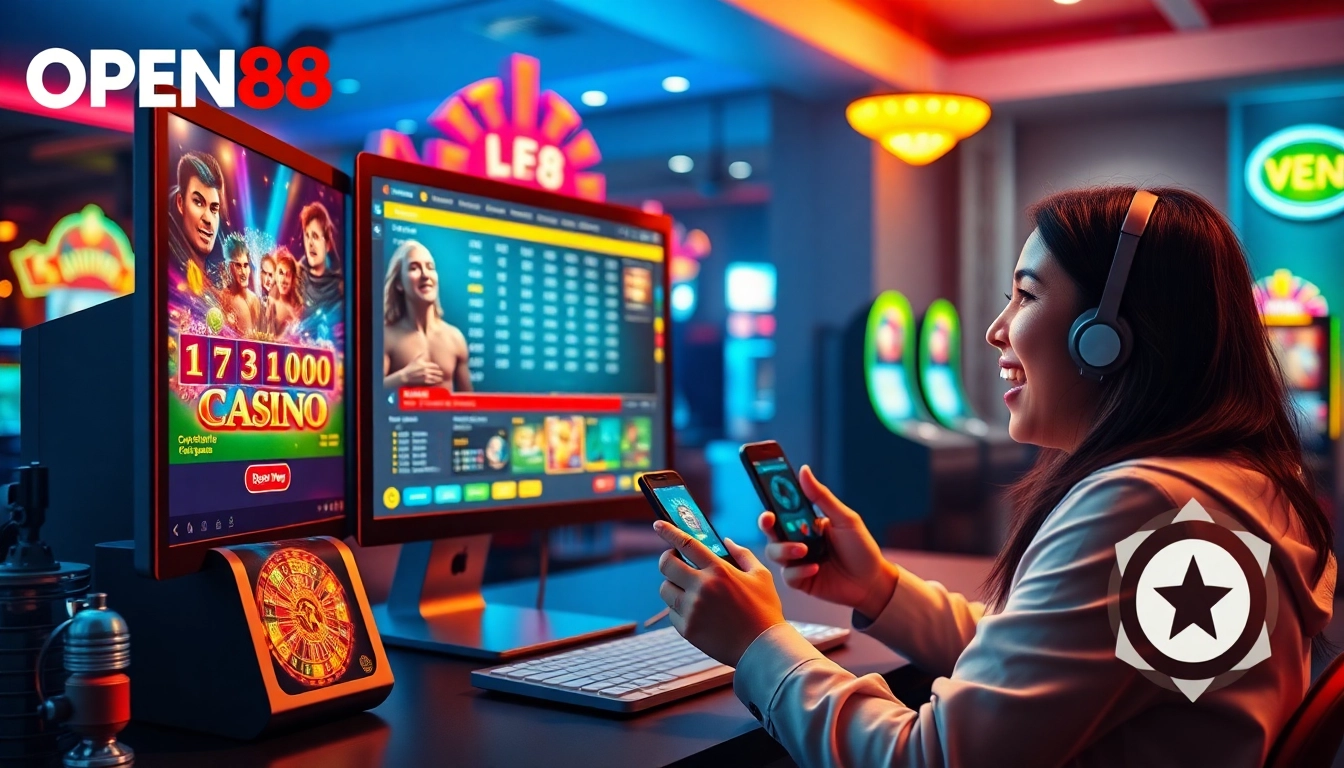 OPEN88 online gambling platform showcasing live casino games and vibrant slot machines.
