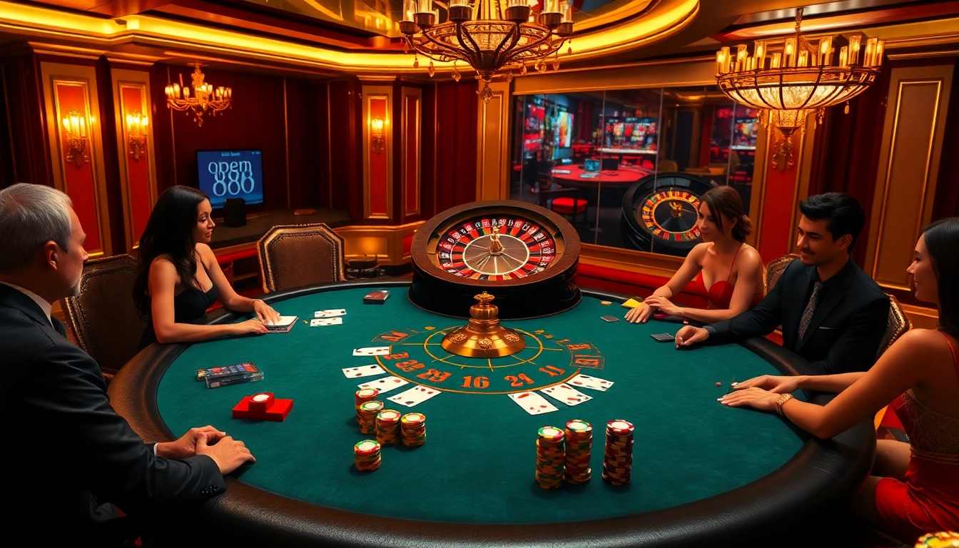 Engage in thrilling poker games at open88, surrounded by colorful chips and a vibrant roulette wheel.
