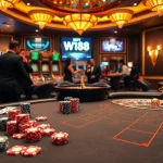 WW88 players engage in high-stakes poker with vibrant casino elements.