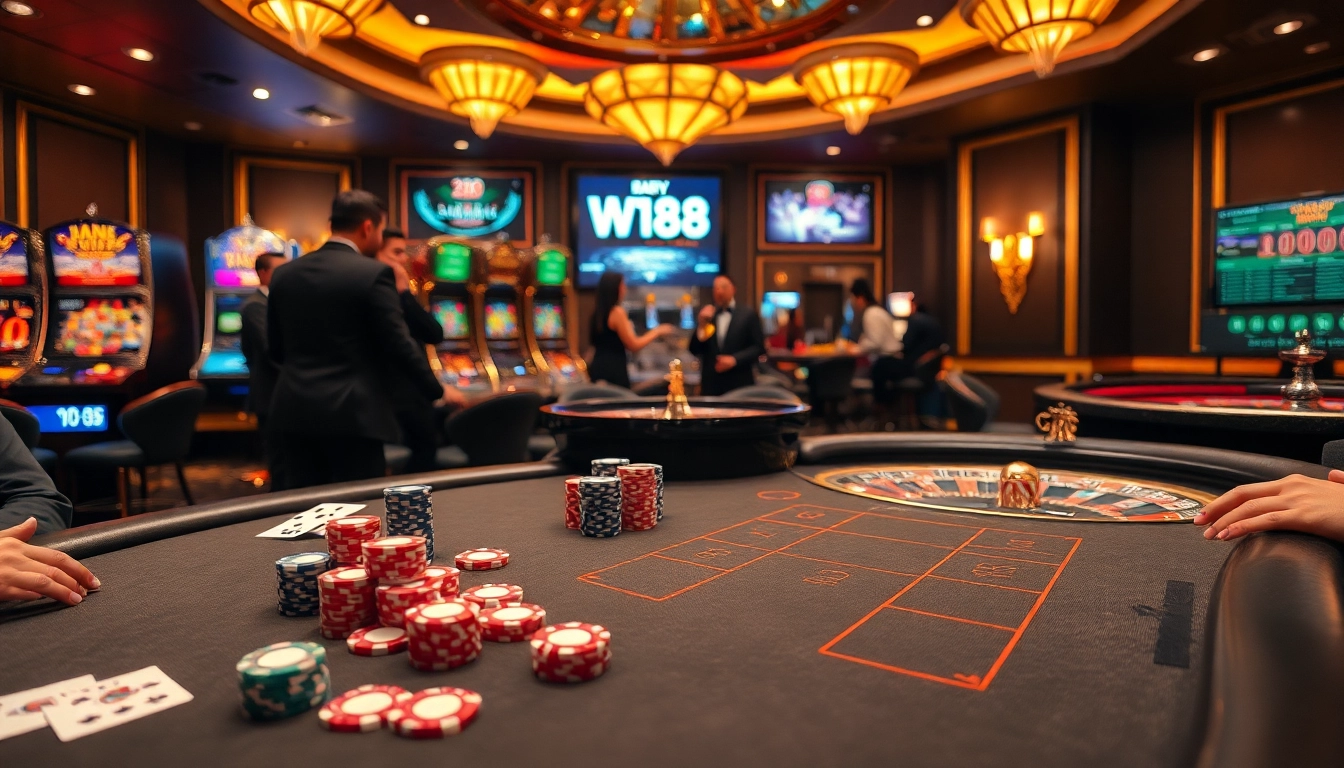 WW88 players engage in high-stakes poker with vibrant casino elements.