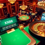 Players enjoying thrilling games at the XX88 online casino, surrounded by vibrant tables and slot machines.