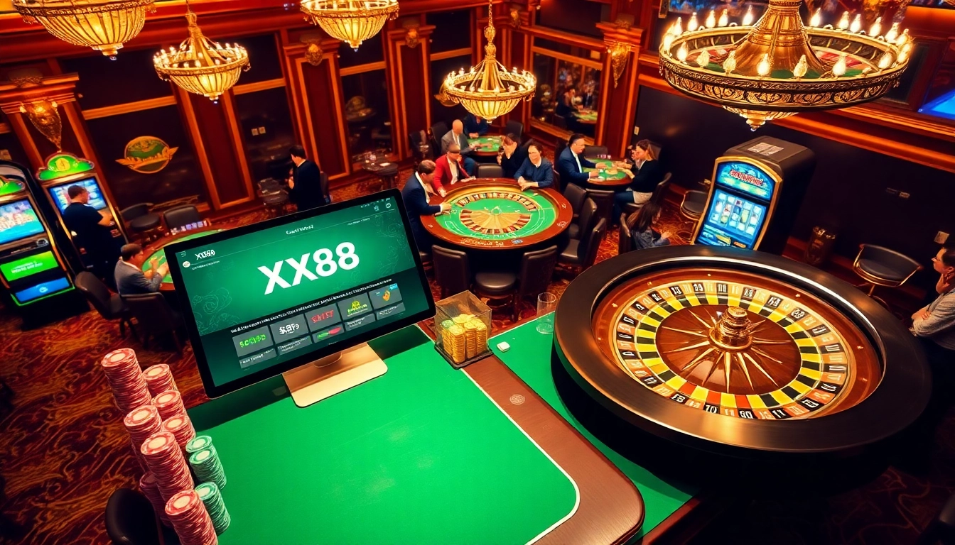 Players enjoying thrilling games at the XX88 online casino, surrounded by vibrant tables and slot machines.