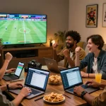 Exciting scene of friends using Bong99 platform for online sports betting in a lively living room.