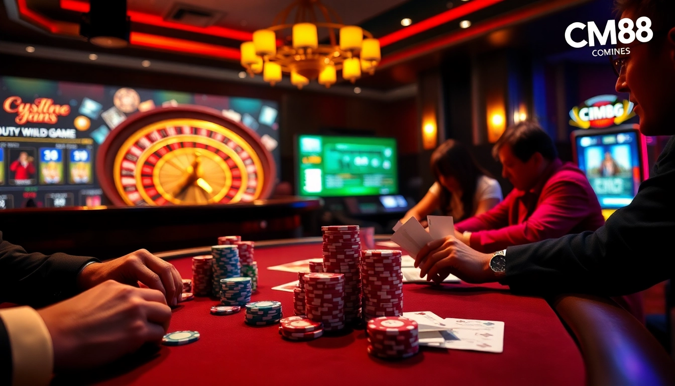 Experience high-stakes gambling strategies at CM88, featuring intense poker gameplay and vibrant casino elements.