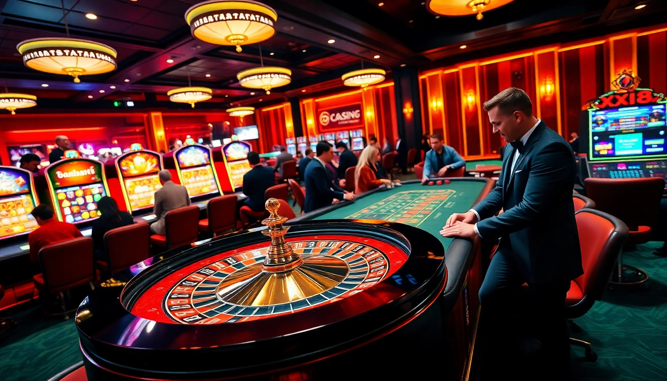 XX88 casino scene featuring players at a roulette table, exuding excitement and luxury.