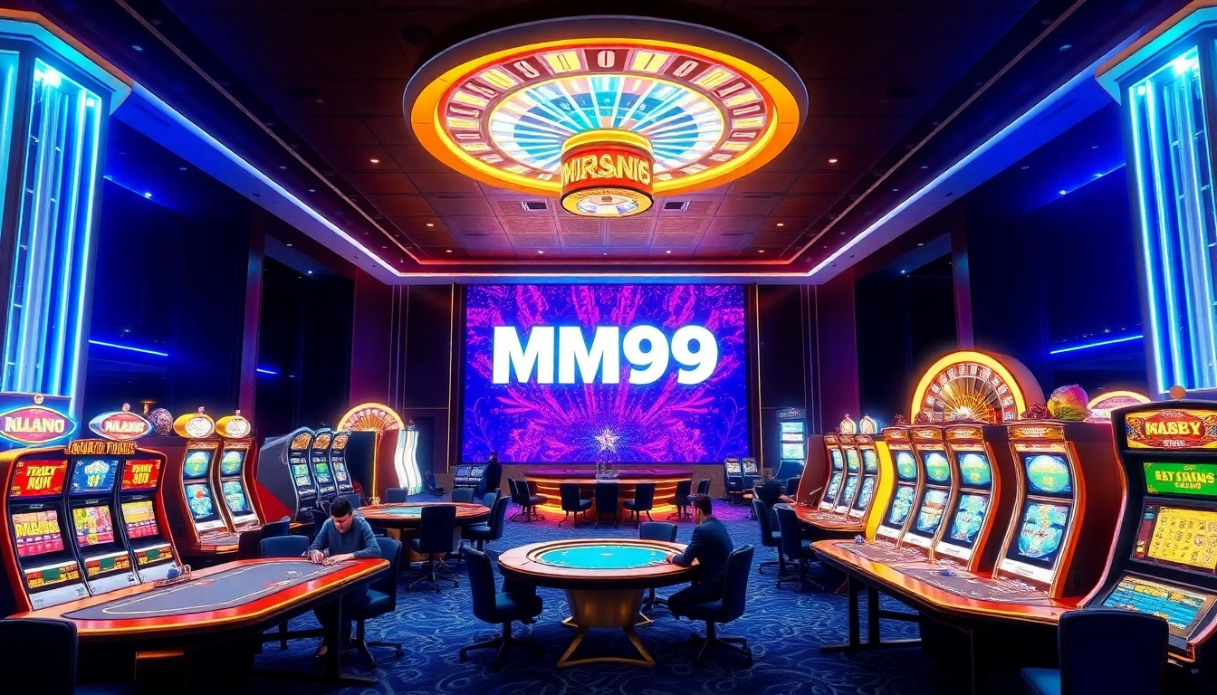 Exciting casino gaming experience at MM99 with poker tables and slot machines.