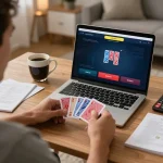 Player analyzing poker strategy while using AUDPlay online casino on laptop at home