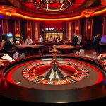 UK88 players engaging in a lively casino atmosphere with poker tables and vibrant slot machines.