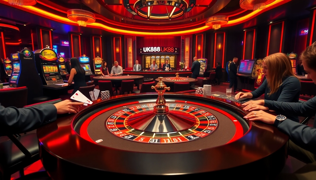 UK88 players engaging in a lively casino atmosphere with poker tables and vibrant slot machines.