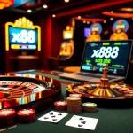 X88 casino games with poker chips and roulette wheel, showcasing vibrant gambling atmosphere.