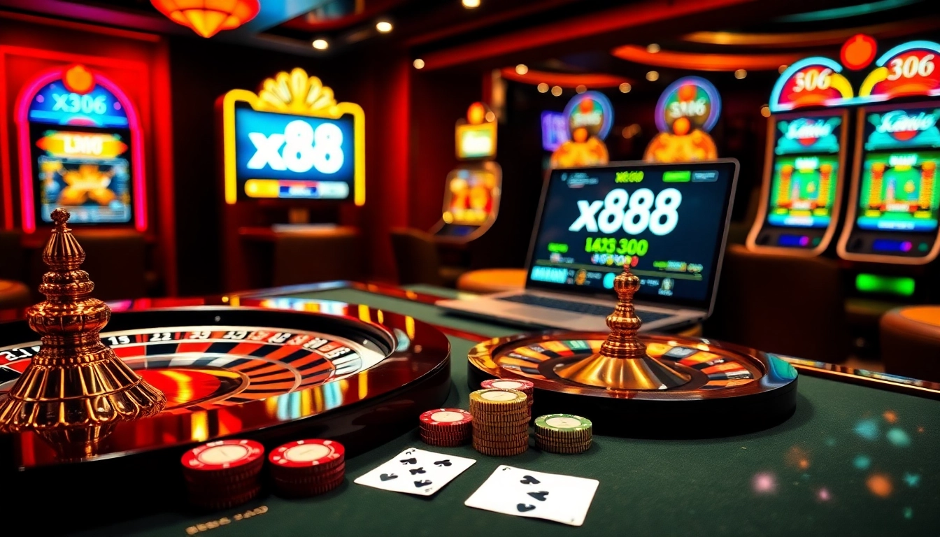 X88 casino games with poker chips and roulette wheel, showcasing vibrant gambling atmosphere.