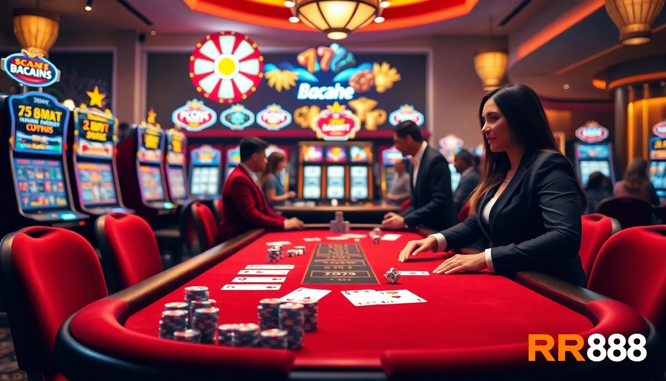 RR88 poker table scene with vibrant players and colorful casino elements.