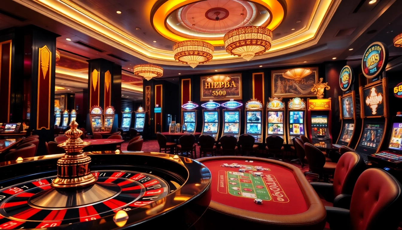 HZ88 casino scene showcasing vibrant slot machines, poker tables, and an exciting roulette wheel.