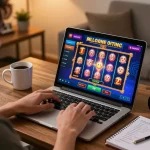 Engaging in online gaming with slot gacor gampang menang on laptop, warm home office atmosphere.