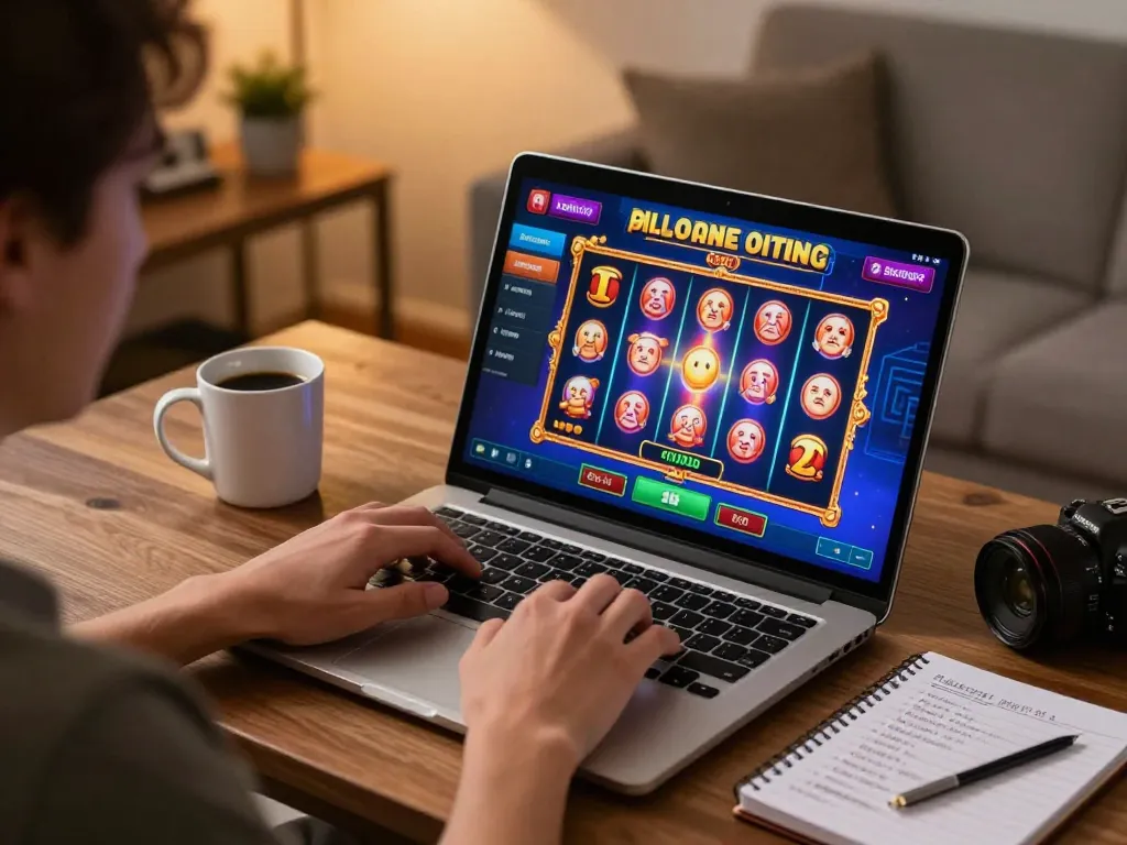 Engaging in online gaming with slot gacor gampang menang on laptop, warm home office atmosphere.