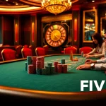 Experience immersive gaming at FIVE88 with a stylish poker table and vibrant chips.