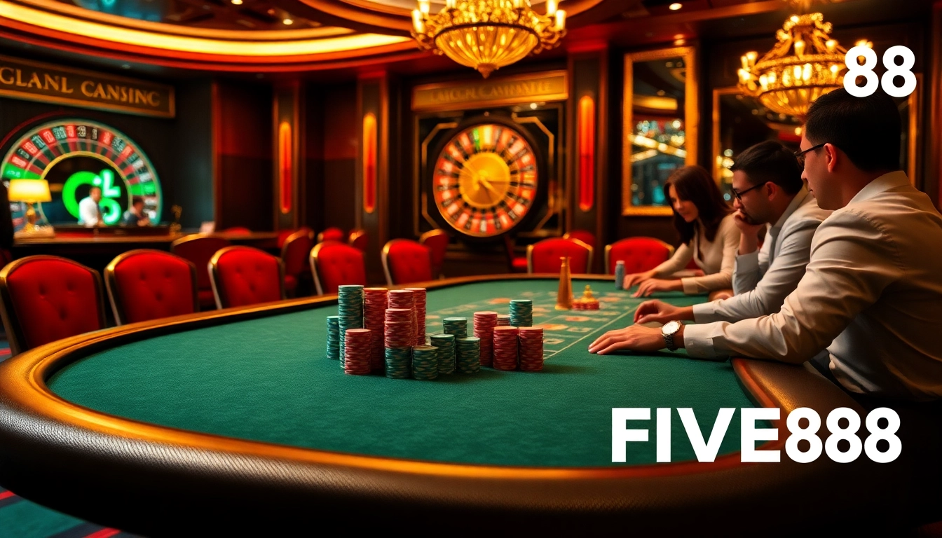 Experience immersive gaming at FIVE88 with a stylish poker table and vibrant chips.