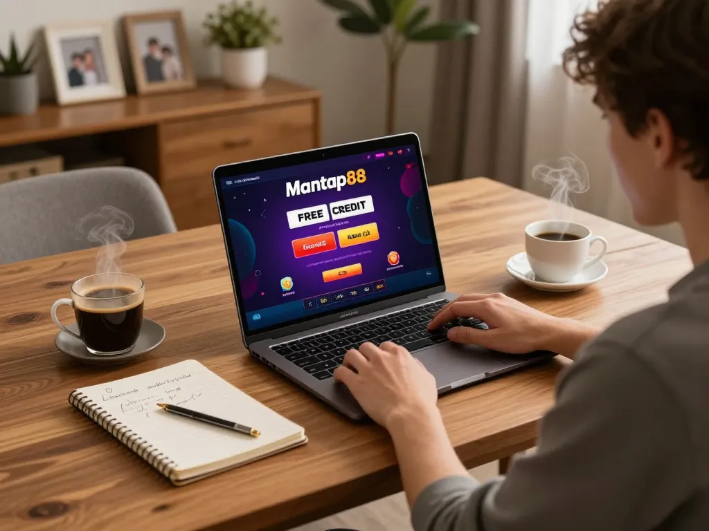 Mantap88 user engaging online, exploring free credit slot options in a cozy home setting