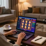 Playing exciting slot games on 999E's online casino from a cozy home setting with vibrant graphics.