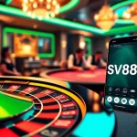 Experience the excitement of SV388 gaming with vibrant poker and roulette scenes in a luxurious setting.