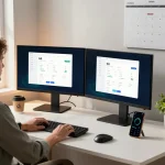 快连下载界面在时尚的家庭办公室设置中显示在双显示器上，展示先进的技术和用户参与感。