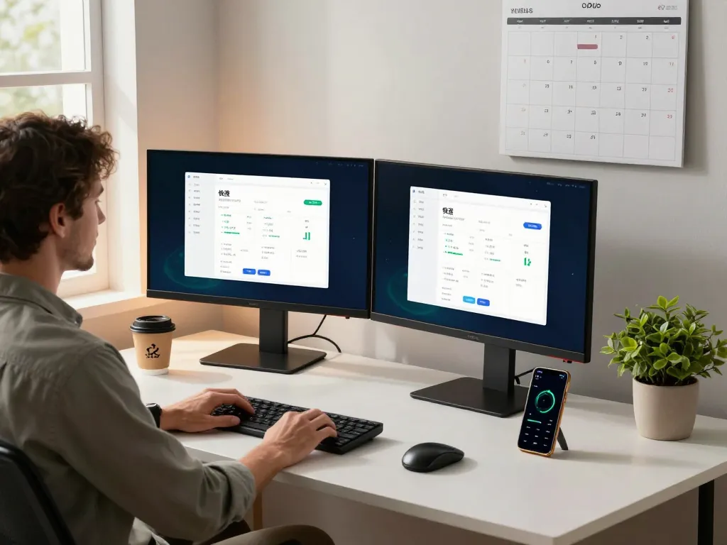 快连下载界面在时尚的家庭办公室设置中显示在双显示器上，展示先进的技术和用户参与感。