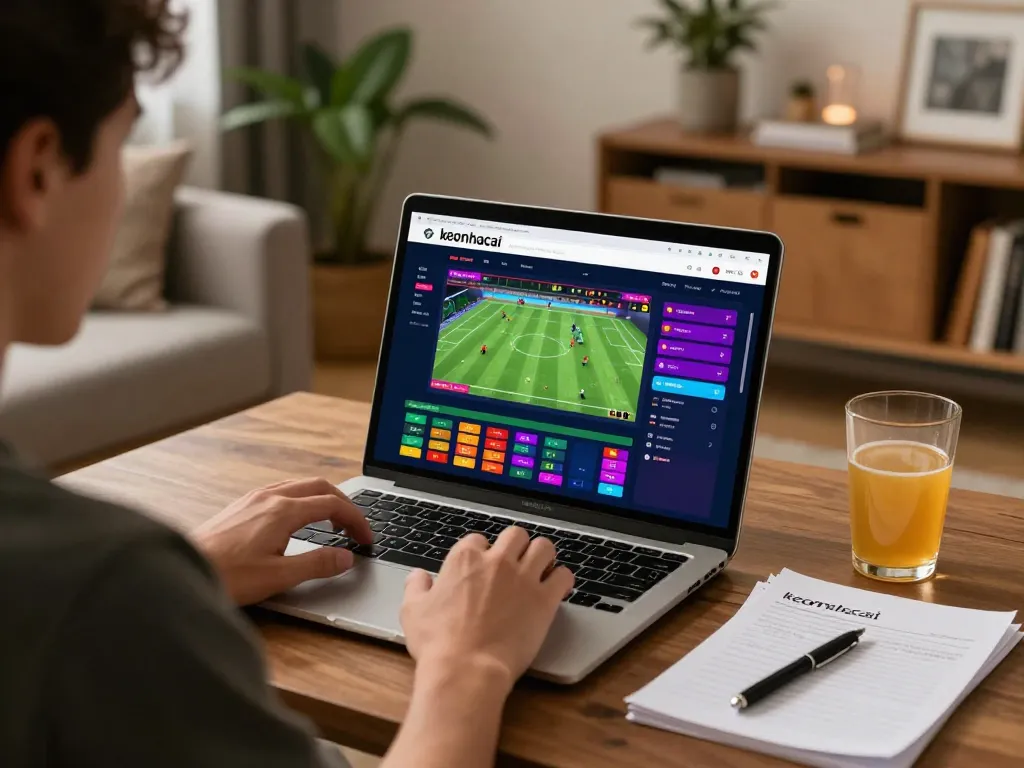 Player exploring keonhacai's betting platform on laptop in a cozy home setting