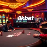 Experience the thrill of 8kbet gaming with vibrant casino tables, colorful slots, and excited players.