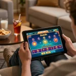 Engaging gaming session with sunwin app on tablet amidst cozy sofa setup.