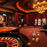 Exciting casino scene featuring 555win brand elements, poker and roulette tables in a luxurious setting.