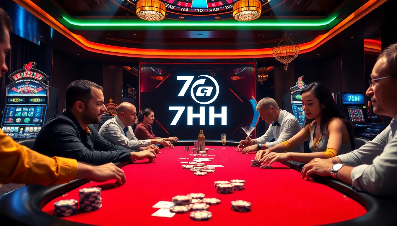 Experience high-stakes action at the 7HH poker table in a luxury casino setting.
