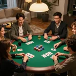 Friends having fun playing poker at home, showcasing MM88's social gambling atmosphere.
