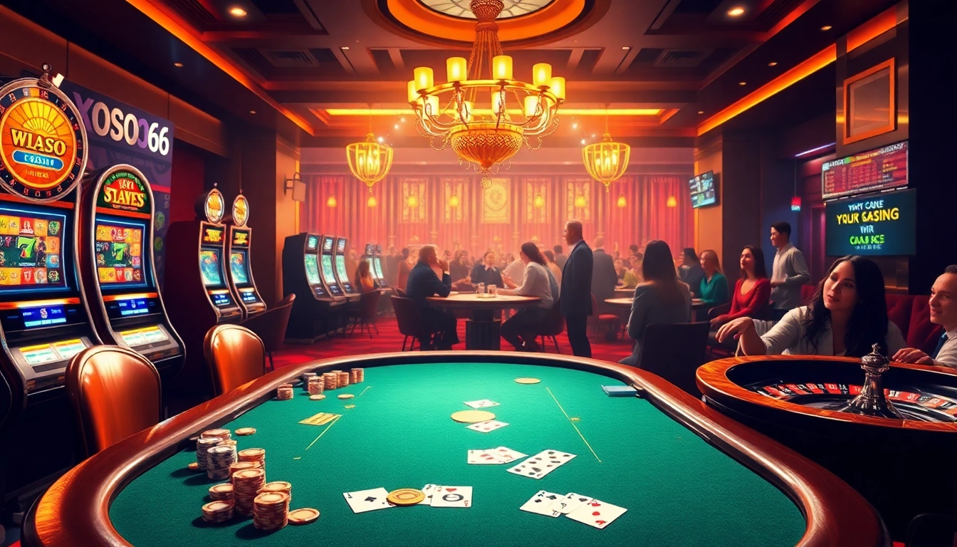 Xoso66 casino scene with vibrant poker tables, slot machines, and players engaged in thrilling gaming.