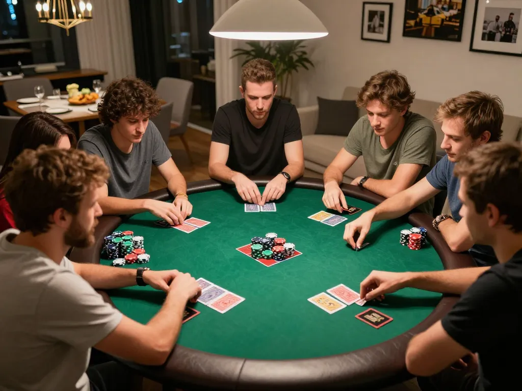 Players enjoying a spirited home poker game at KK44 table, showcasing strategic betting and social interaction