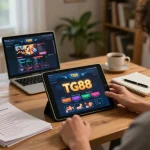 TG88 player engaging in online gaming with tablet and strategy notes in cozy home environment.