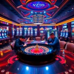Experience the thrill of betting at Vz99 with an elegant casino scene featuring roulette and slot machines.