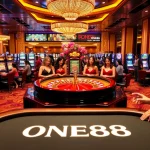 Exciting gambling action at the ONE88 casino with roulette and slot machines.