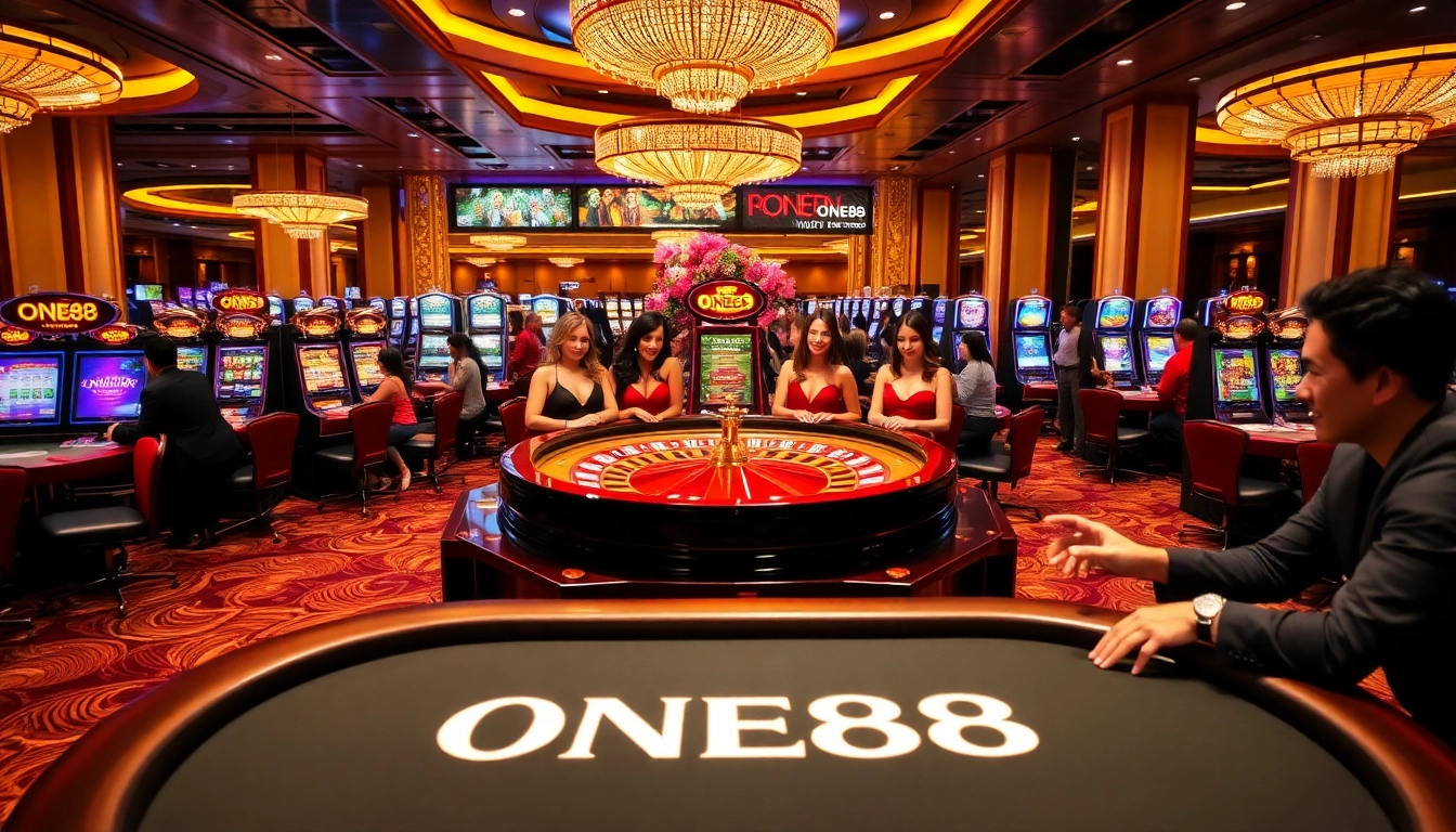 Exciting gambling action at the ONE88 casino with roulette and slot machines.